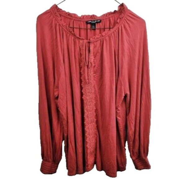 CABLE & Gauge Womens BOHO Top Size 1X Orange Lace Accent Balloon Sleeve Peasant - Picture 1 of 8